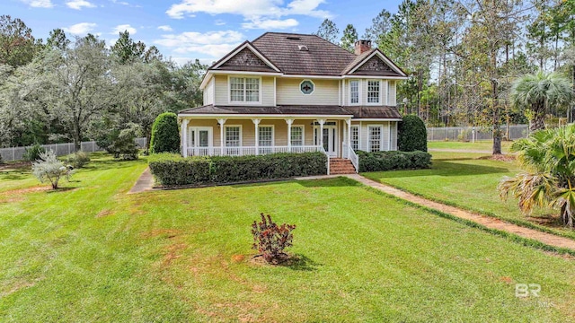 view of front of home with a front yard, fence, covered porch, and a chimney