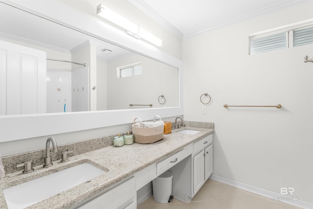 bathroom with tile patterned floors, walk in shower, vanity, and ornamental molding