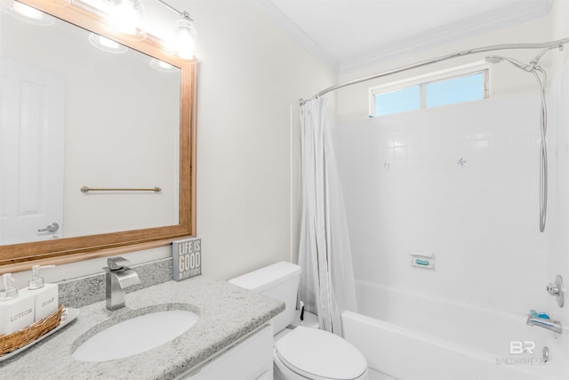 full bathroom featuring vanity, toilet, shower / bathtub combination with curtain, and crown molding