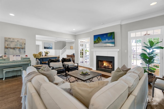 206 N Cir, Fairhope, AL 36532 - living area with dark wood-style floors, ornamental molding, a wealth of natural light, and stairs