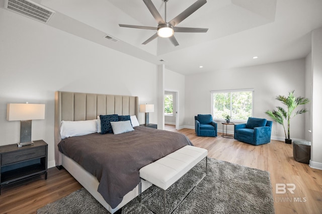 bedroom featuring a tray ceiling, ceiling fan, and wood-type flooring