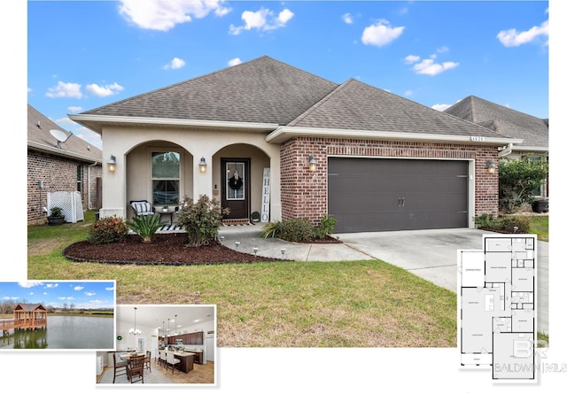 view of front facade with a shingled roof, a front lawn, concrete driveway, and brick siding