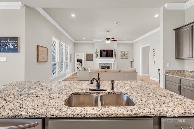 kitchen featuring open floor plan, a fireplace, a sink, and crown molding