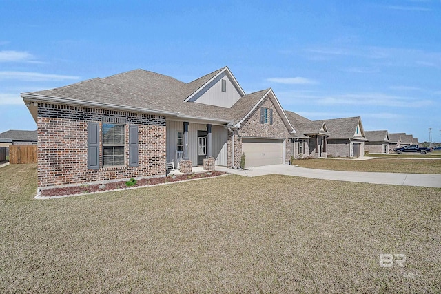 view of front of home with a garage, brick siding, driveway, roof with shingles, and a front yard