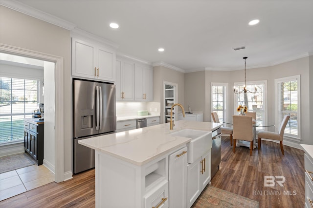 kitchen with white cabinetry, sink, stainless steel appliances, dark hardwood / wood-style floors, and an island with sink