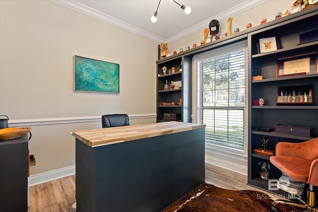 office featuring hardwood / wood-style flooring, a wealth of natural light, and ornamental molding