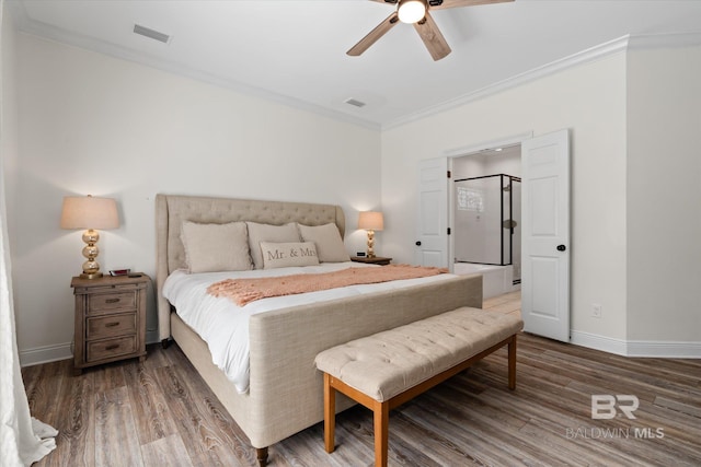 bedroom featuring ceiling fan, wood-type flooring, and ornamental molding