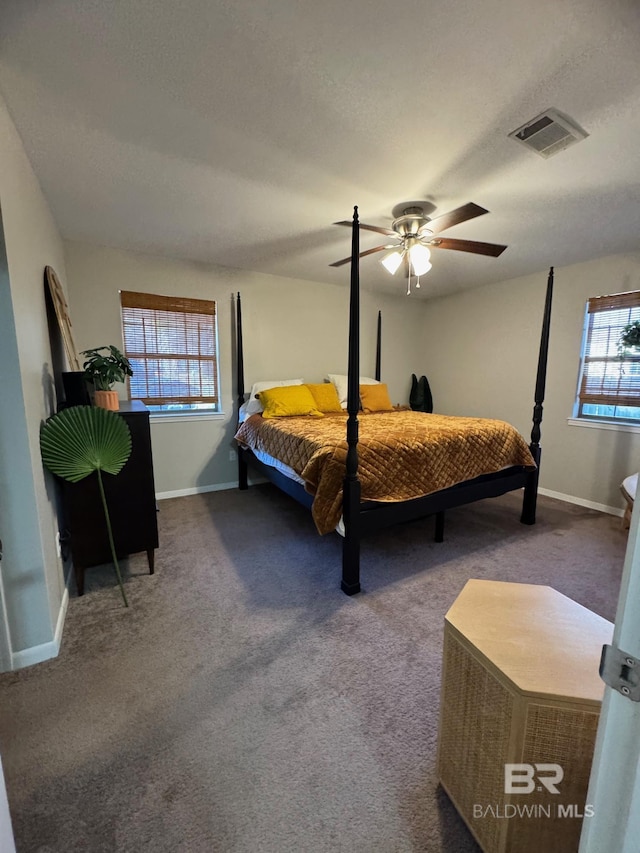 carpeted bedroom with ceiling fan, a textured ceiling, and multiple windows