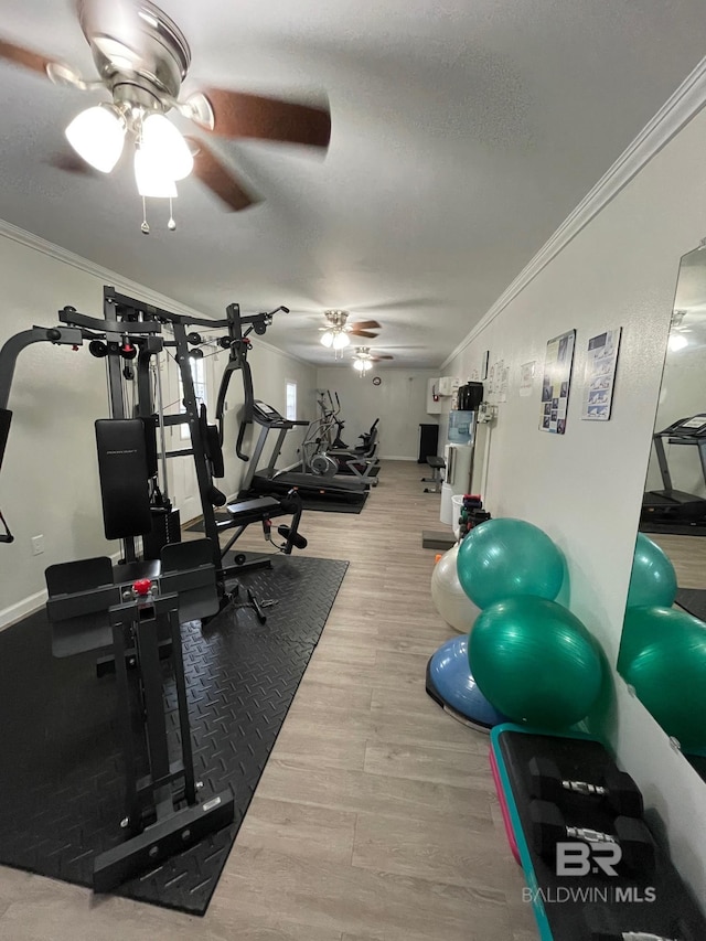 workout room featuring hardwood / wood-style floors, a textured ceiling, and crown molding