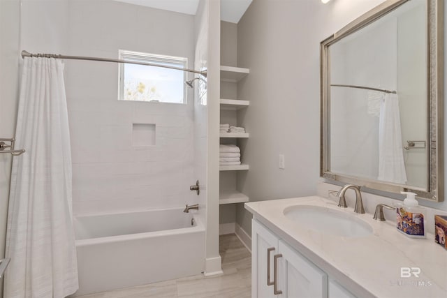 bathroom with vanity and shower / bathtub combination with curtain