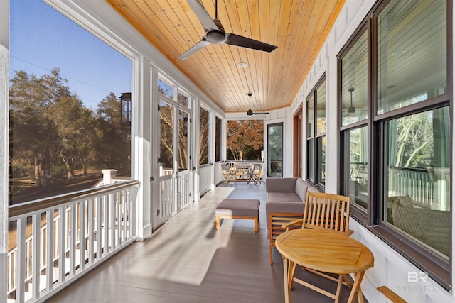 sunroom / solarium with ceiling fan and wooden ceiling