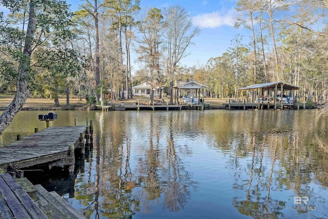 view of dock with a water view