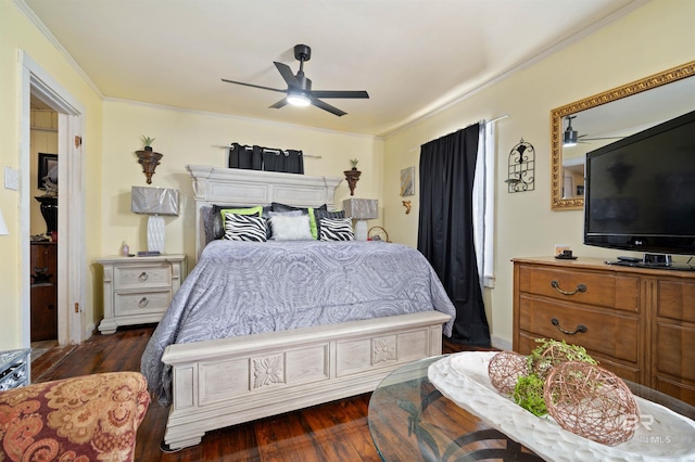 bedroom with ceiling fan, dark hardwood / wood-style flooring, and crown molding