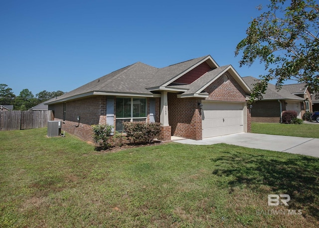 view of front of house with a garage, central air condition unit, and a front lawn