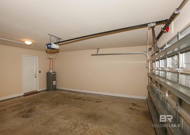 garage with a garage door opener and water heater