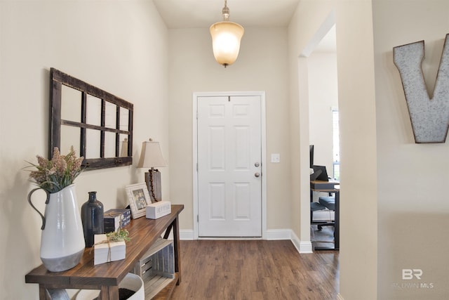 foyer entrance with baseboards and wood finished floors
