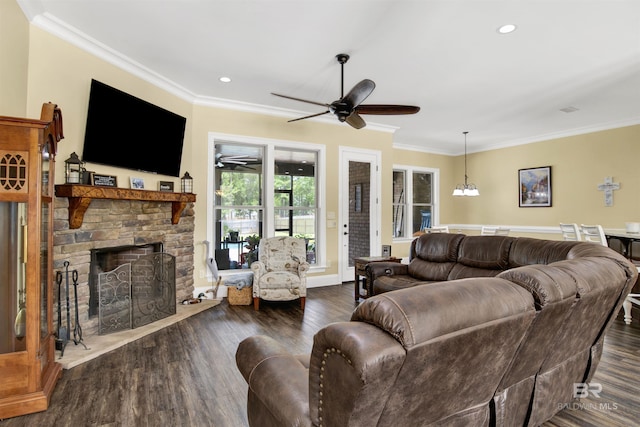 5698 Spring Landing Dr, Theodore, AL 36582 - living area featuring ceiling fan, a fireplace, wood finished floors, crown molding, and recessed lighting