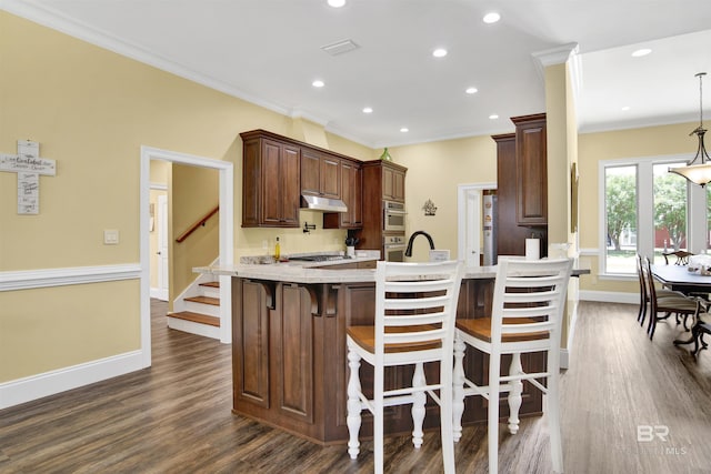 5698 Spring Landing Dr, Theodore, AL 36582 - kitchen featuring a peninsula, crown molding, under cabinet range hood, dark wood-type flooring, and appliances with stainless steel finishes