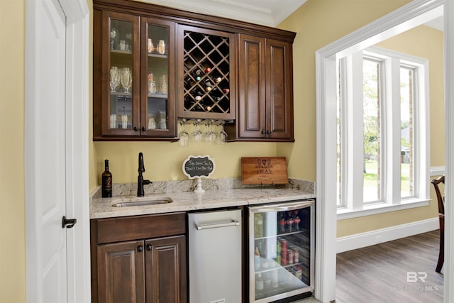 5698 Spring Landing Dr, Theodore, AL 36582 - indoor wet bar with beverage cooler, healthy amount of natural light, wood finished floors, and ornamental molding