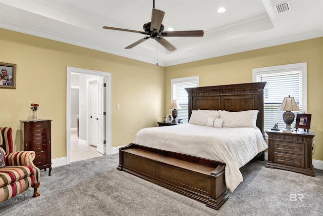 5698 Spring Landing Dr, Theodore, AL 36582 - bedroom with a tray ceiling, carpet flooring, ornamental molding, a ceiling fan, and recessed lighting