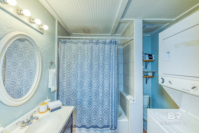 684 Chickasaw Rd, Gulf Shores, AL 36542 - bathroom featuring stacked washer / dryer, vanity, shower / tub combo, and wood ceiling