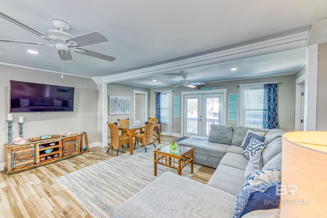 684 Chickasaw Rd, Gulf Shores, AL 36542 - living area featuring ceiling fan, recessed lighting, french doors, wood finished floors, and ornamental molding