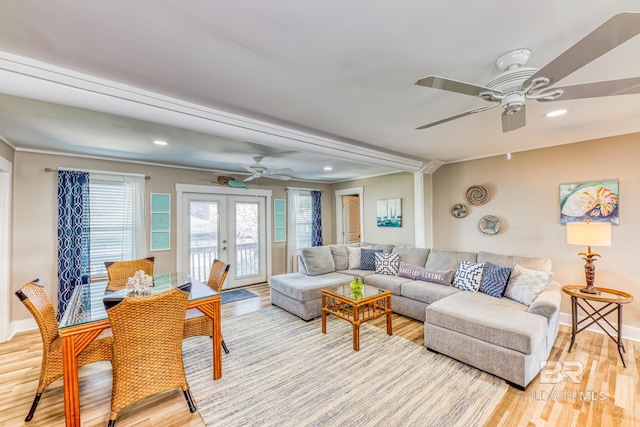 684 Chickasaw Rd, Gulf Shores, AL 36542 - living area featuring french doors, a ceiling fan, light wood-type flooring, and recessed lighting