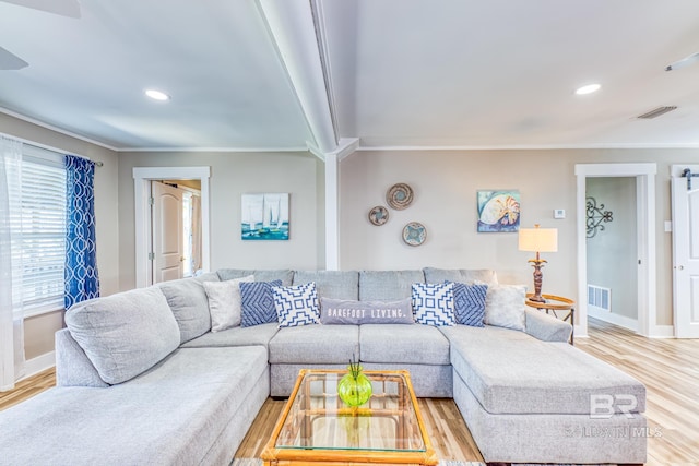 684 Chickasaw Rd, Gulf Shores, AL 36542 - living area featuring ornamental molding, light wood-style floors, and recessed lighting
