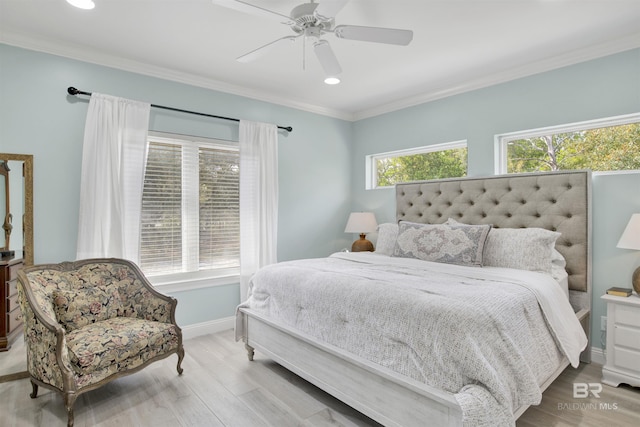 bedroom featuring recessed lighting, baseboards, ornamental molding, and wood finished floors