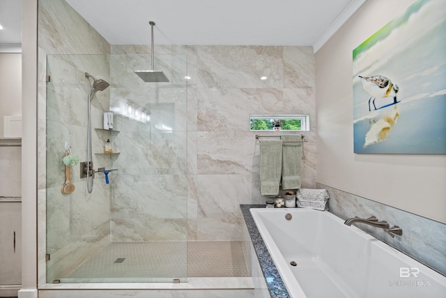 1609 Makaira Dr, Foley, AL 36535 - bathroom featuring a walk in shower, a bath, and crown molding