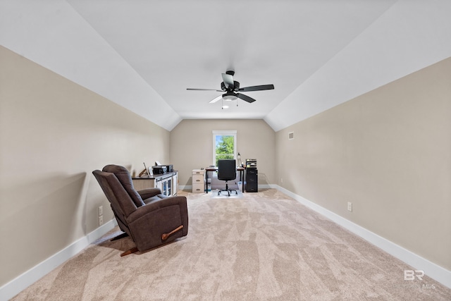 1609 Makaira Dr, Foley, AL 36535 - office featuring carpet flooring, ceiling fan, lofted ceiling, and baseboards