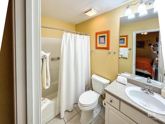 full bathroom featuring tile patterned flooring, toilet, vanity, ensuite bath, and shower / bathtub combination with curtain