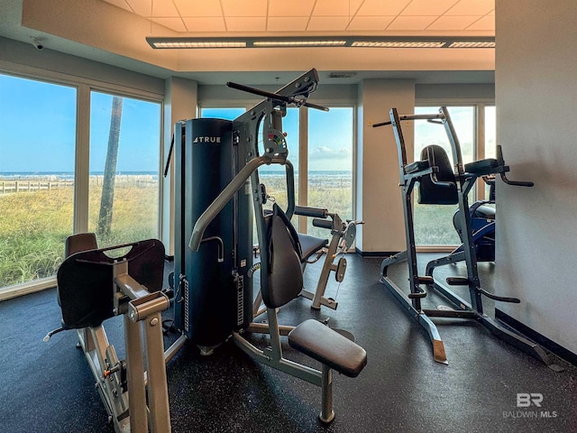 workout area with a water view