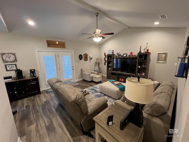 living room featuring lofted ceiling with beams, ceiling fan, and dark hardwood / wood-style flooring