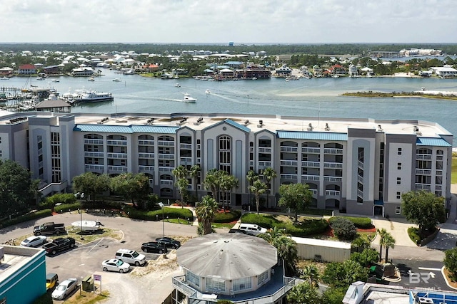 drone / aerial view with a water view