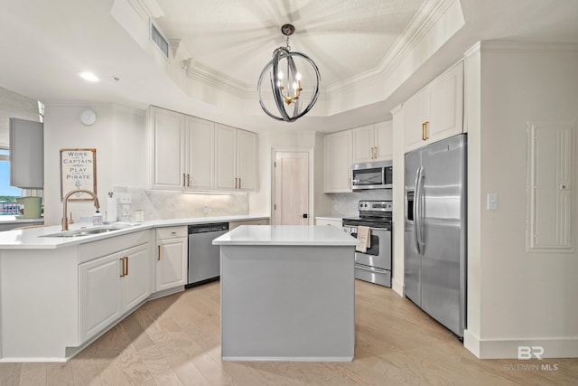 kitchen with appliances with stainless steel finishes, sink, pendant lighting, a tray ceiling, and white cabinets