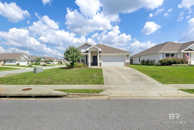 ranch-style home featuring a garage and a front lawn