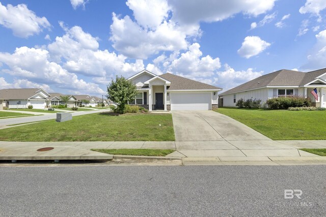 view of front of property with cooling unit, a garage, and a front yard