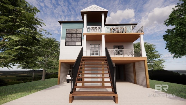 16880 Brigadoon Trl, Gulf Shores, AL 36542 - coastal home with stairs, a porch, and a balcony