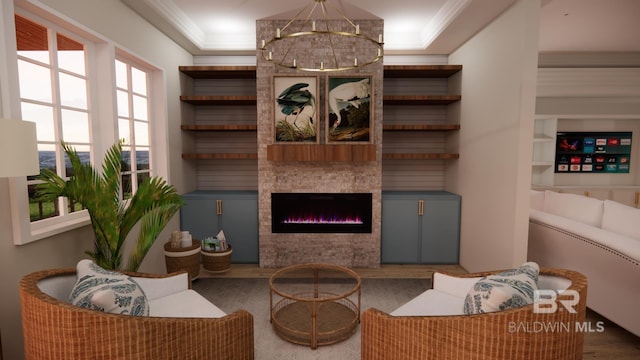 16880 Brigadoon Trl, Gulf Shores, AL 36542 - living area with crown molding, wood finished floors, a fireplace, and a chandelier