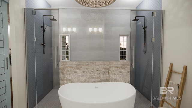16880 Brigadoon Trl, Gulf Shores, AL 36542 - full bathroom with tiled shower, a freestanding tub, and tile walls