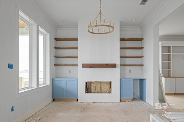 16880 Brigadoon Trl, Gulf Shores, AL 36542 - unfurnished living room featuring crown molding, a chandelier, and stairs