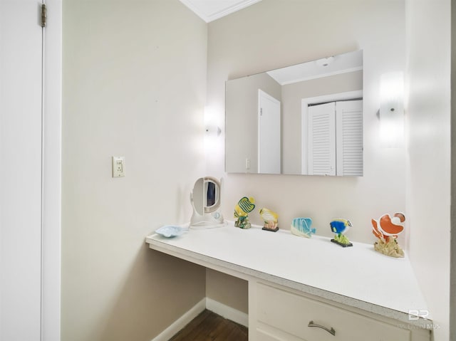 bathroom with vanity and hardwood / wood-style flooring