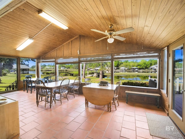 sunroom featuring ceiling fan, a water view, lofted ceiling, and wood ceiling