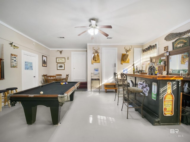 rec room featuring bar area, concrete floors, ceiling fan, and pool table