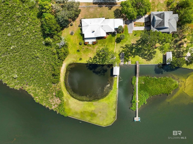 drone / aerial view featuring a water view