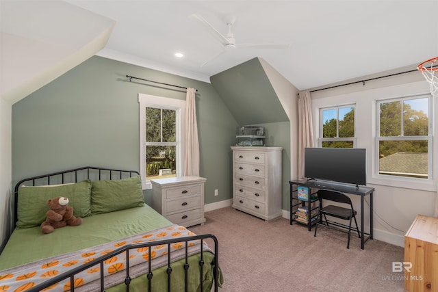 carpeted bedroom featuring ceiling fan and lofted ceiling