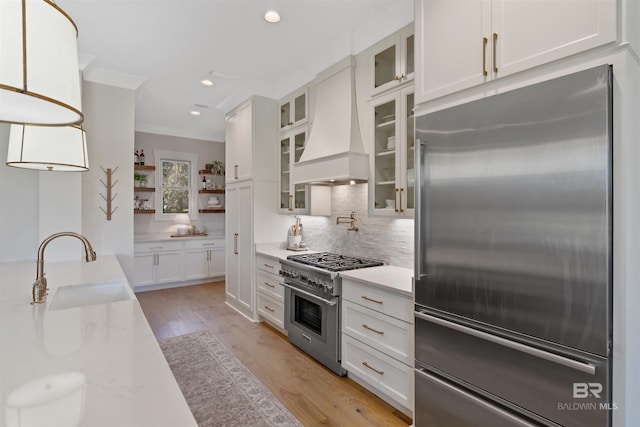 kitchen featuring ornamental molding, custom exhaust hood, premium appliances, sink, and white cabinets