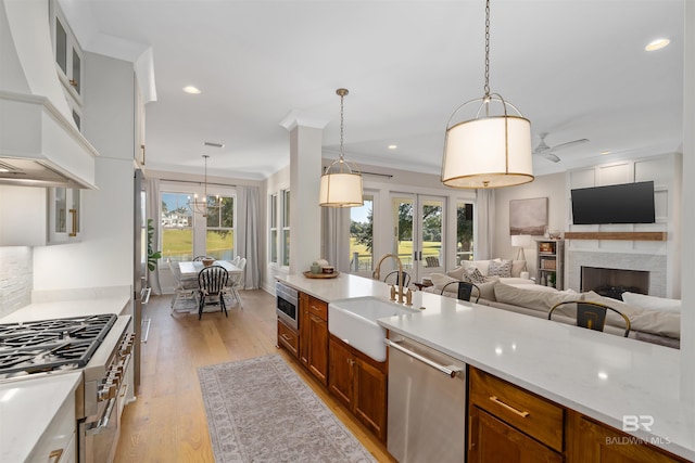 kitchen featuring sink, light hardwood / wood-style flooring, pendant lighting, and appliances with stainless steel finishes