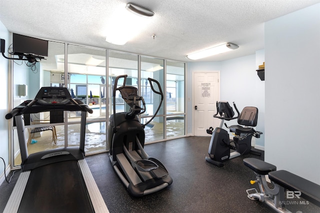 workout area featuring expansive windows, baseboards, and a textured ceiling